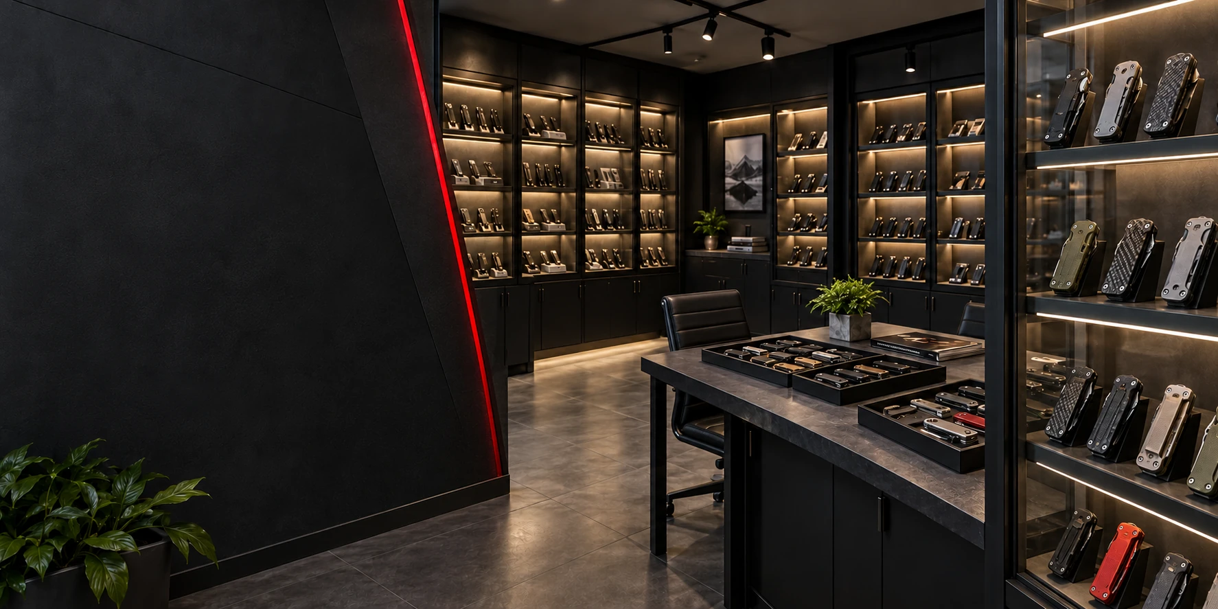 Messermuster in einem dunklen Showroom